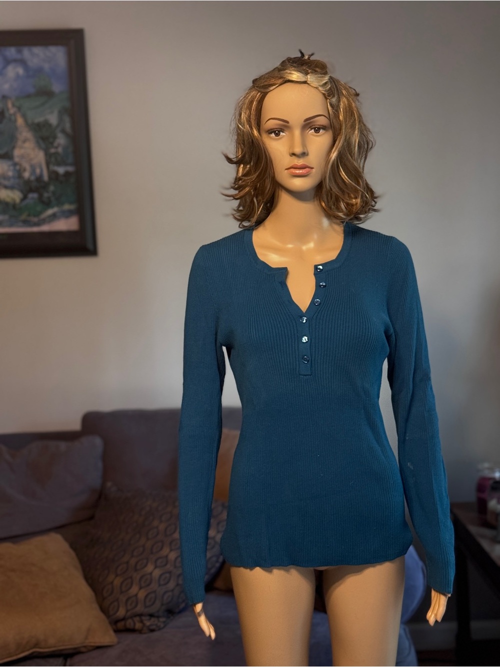 Moda International Teal Ribbed Henley Long-Sleeve Top